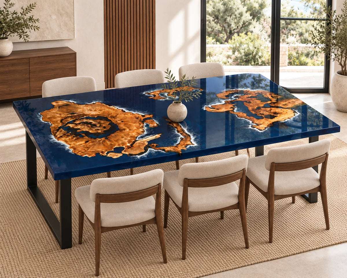 Aurorawoodart Custom Cedar Burl Blue Epoxy Ocean Dining Table DT113