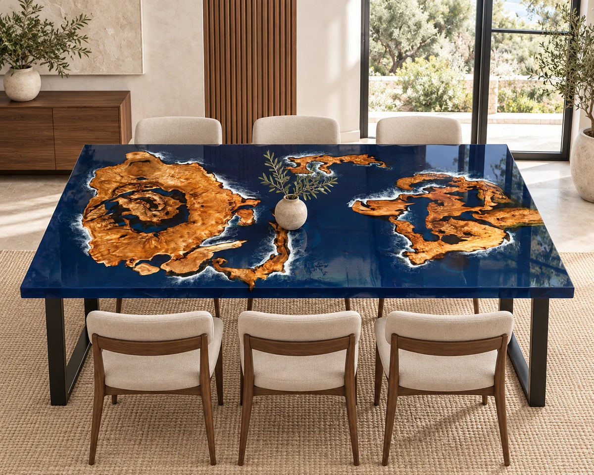 Aurorawoodart Custom Cedar Burl Blue Epoxy Ocean Dining Table DT113