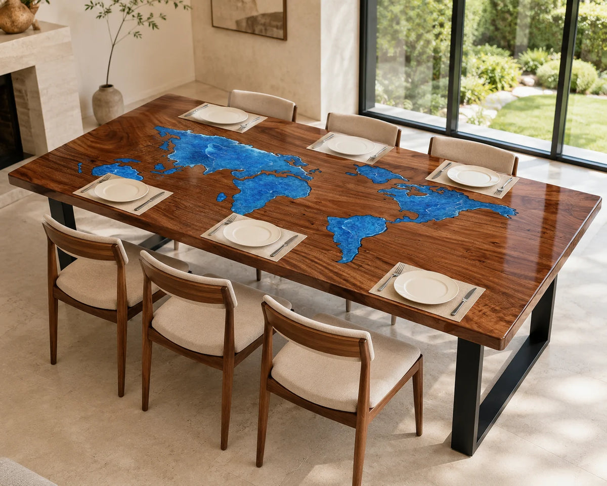 Aurorawoodart Custom Walnut Green Map Epoxy Dining Table DT116