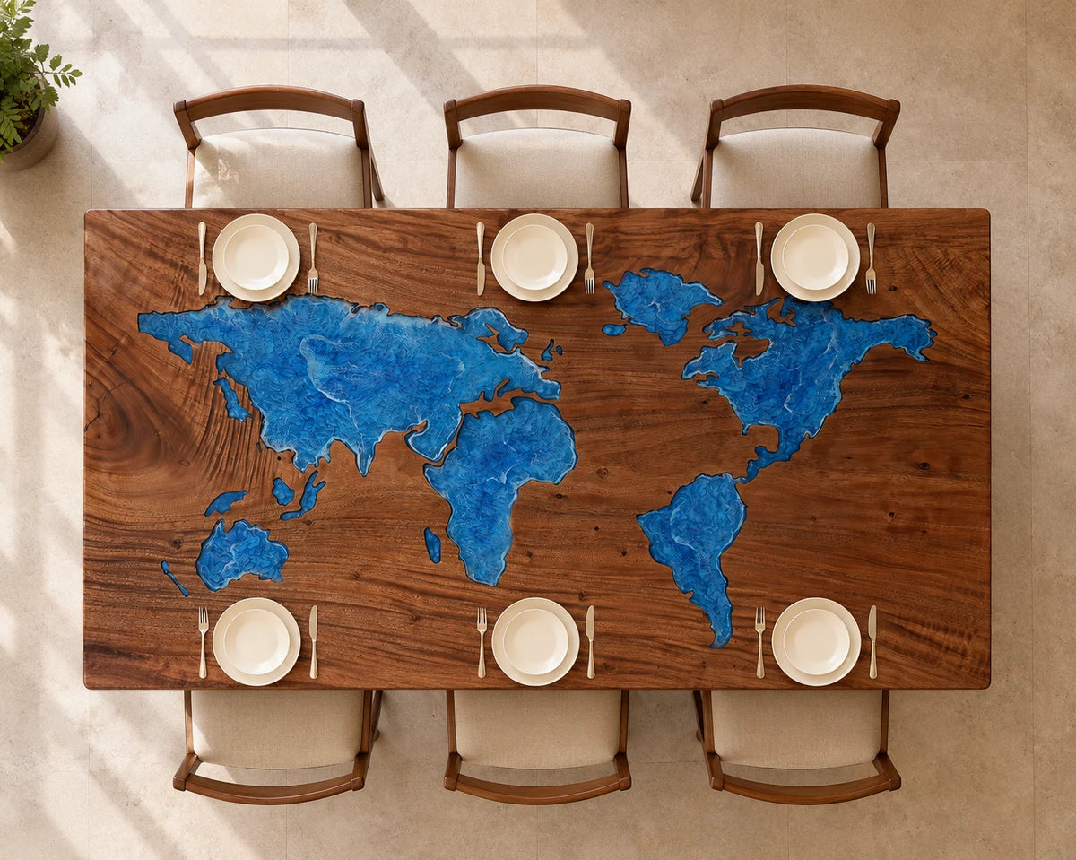 Aurorawoodart Custom Walnut Green Map Epoxy Dining Table DT116