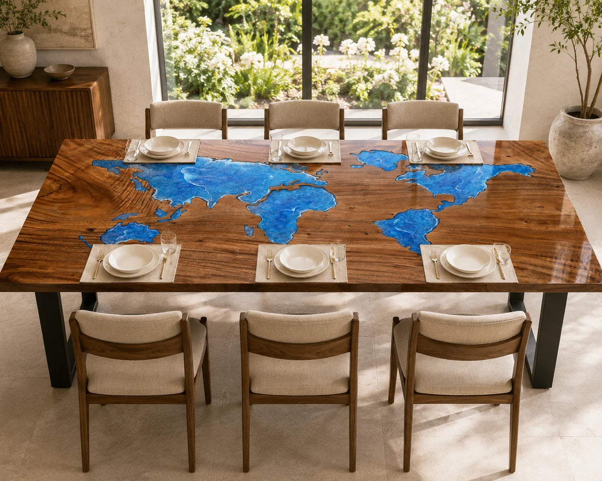 Aurorawoodart Custom Walnut Green Map Epoxy Dining Table DT116