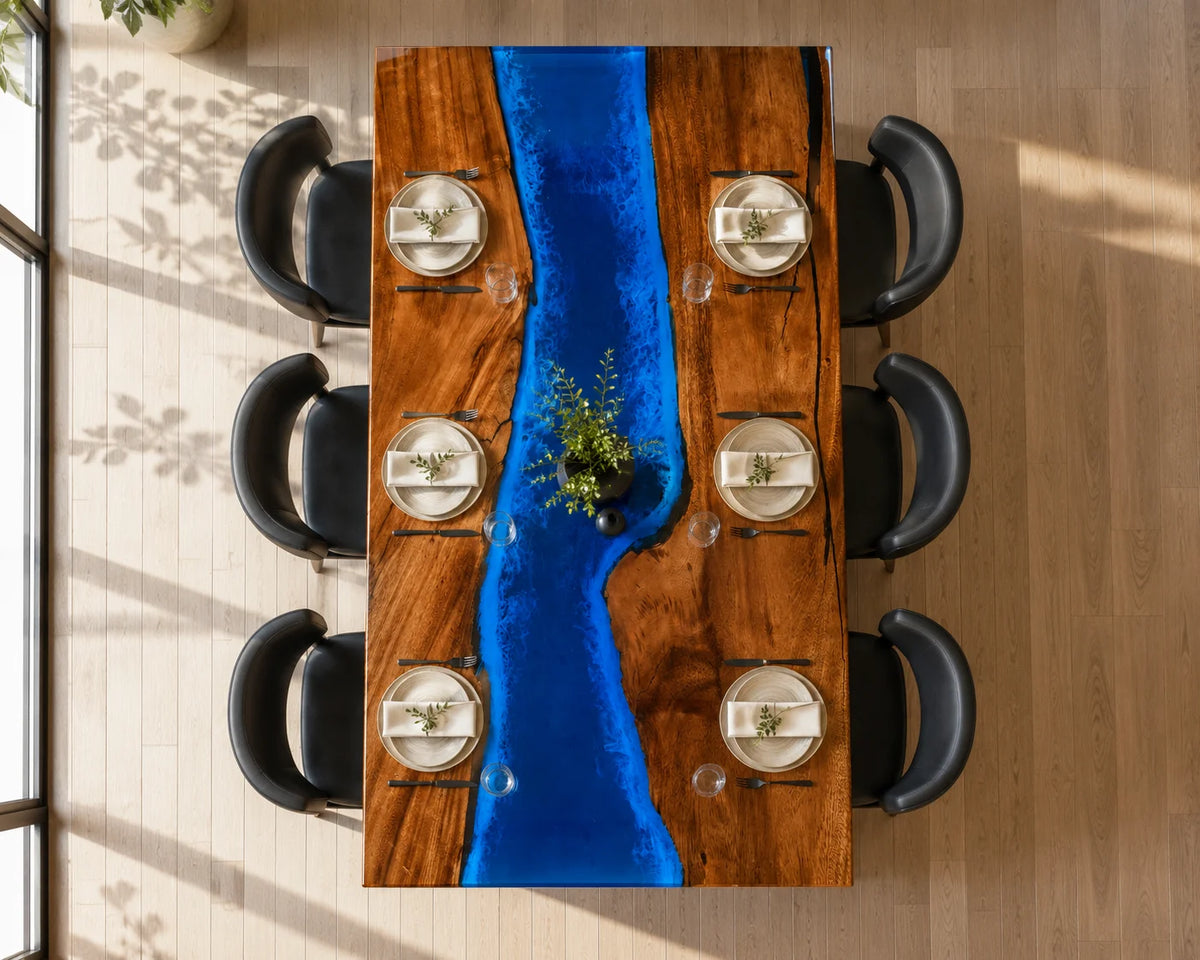 Aurorawoodart Custom Walnut Blue Epoxy River Dining Table DT117