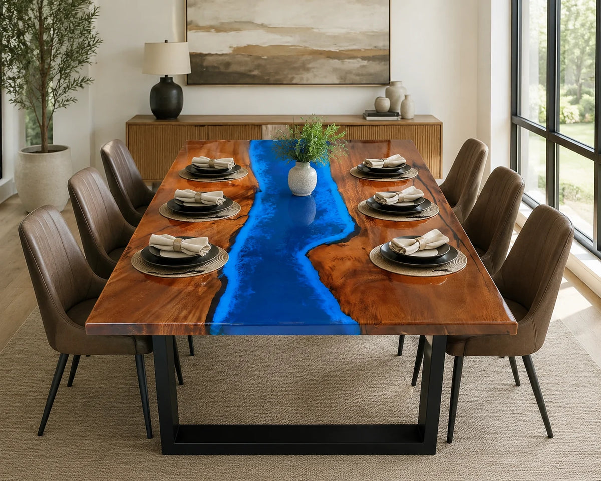 Aurorawoodart Custom Walnut Blue Epoxy River Dining Table DT117