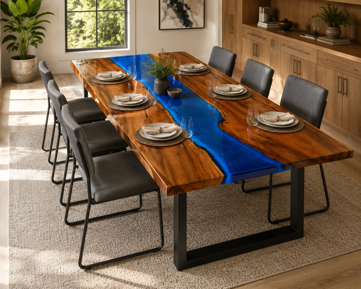 Aurorawoodart Custom Walnut Blue Epoxy River Dining Table DT117