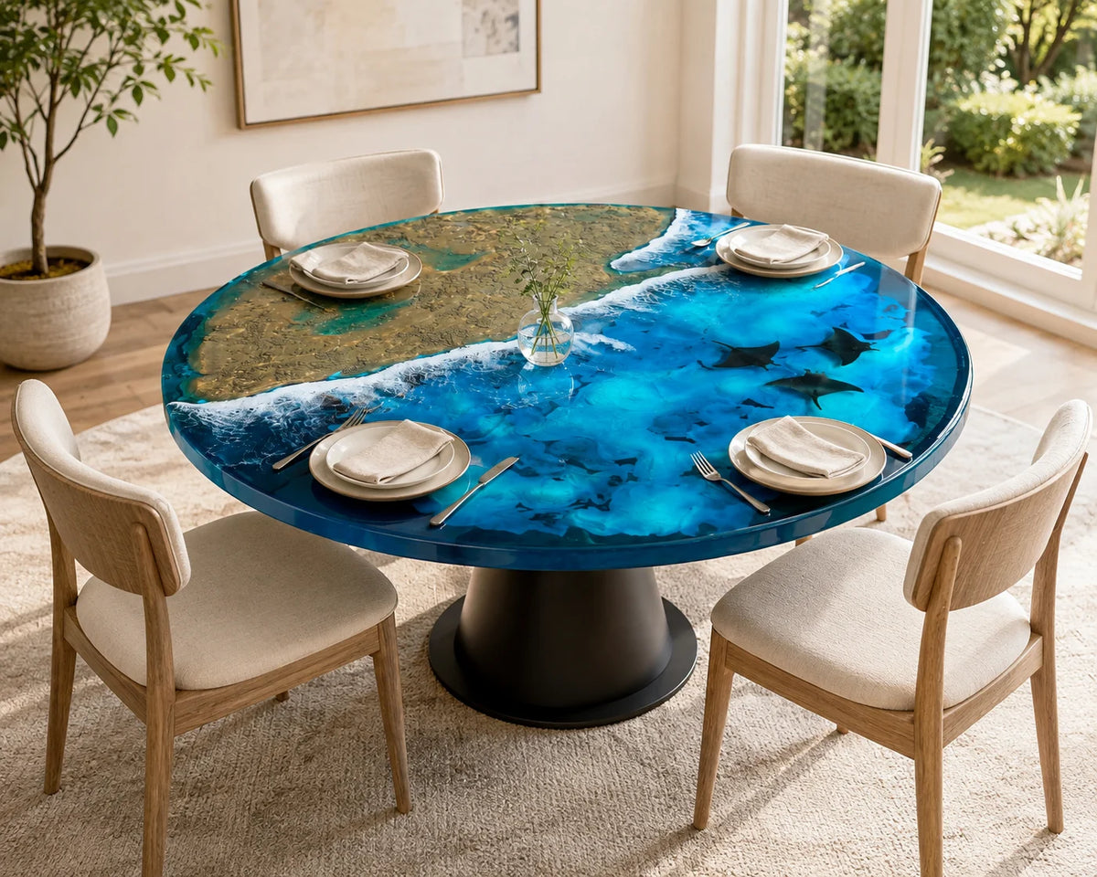Aurorawoodart Custom Ocean Blue Epoxy Dining Table DT119