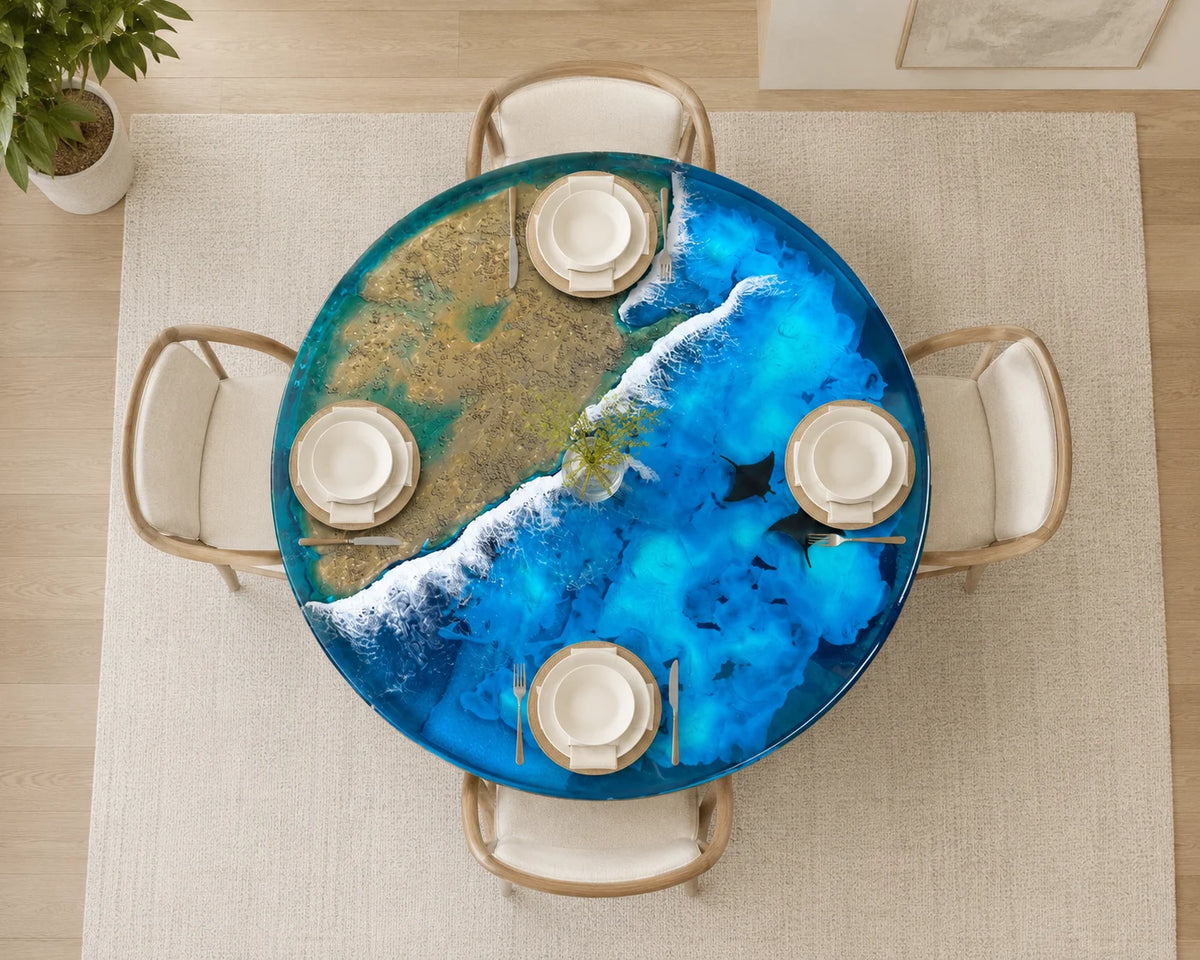 Aurorawoodart Custom Ocean Blue Epoxy Dining Table DT119