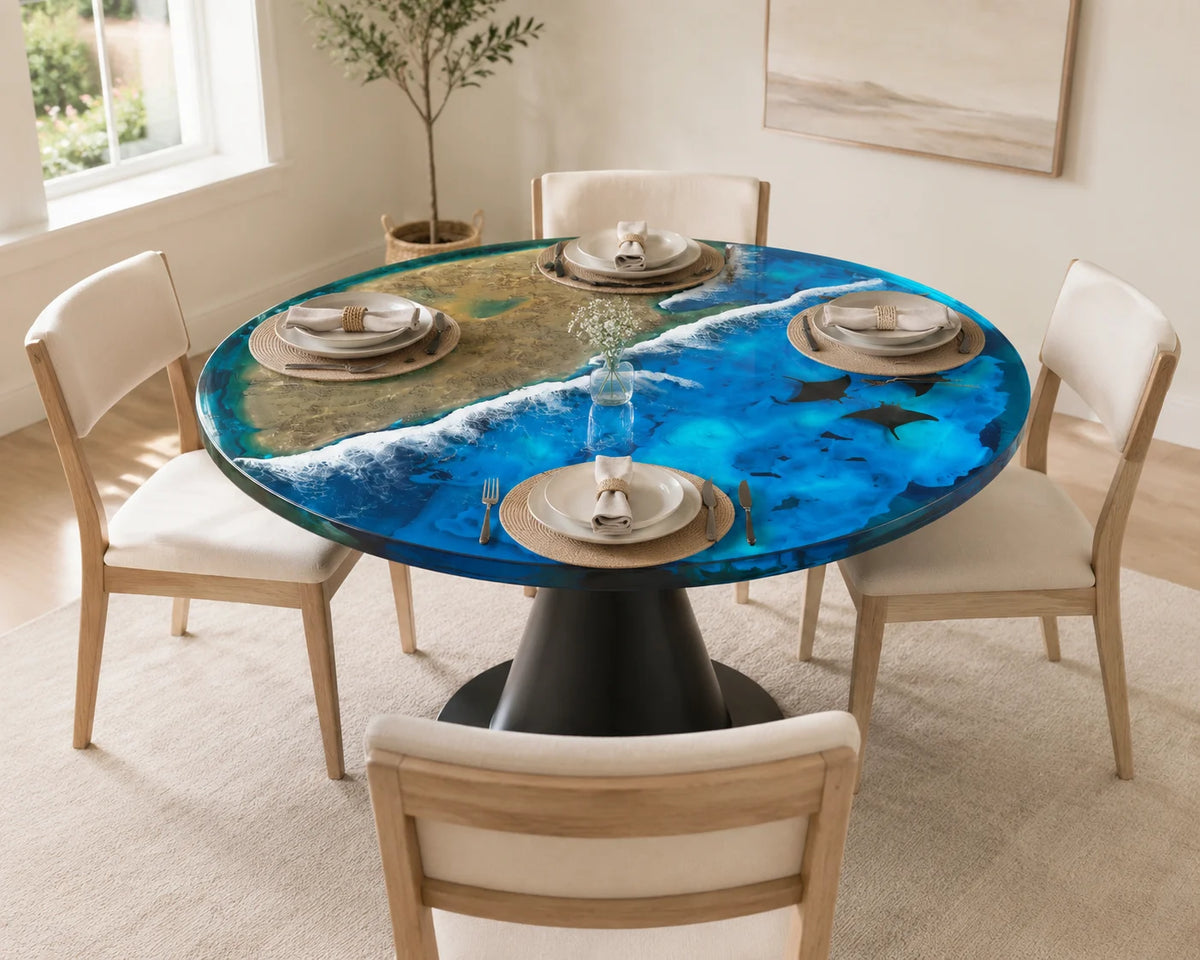 Aurorawoodart Custom Ocean Blue Epoxy Dining Table DT119