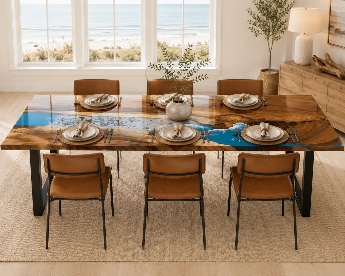 Aurorawoodart Custom Walnut Epoxy Ocean Blue Dining Table DT127