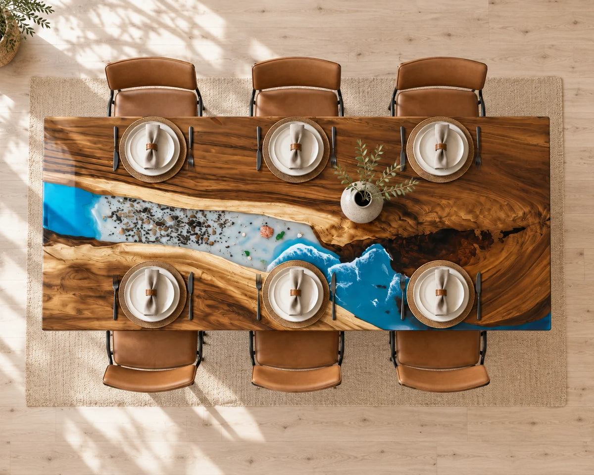 Aurorawoodart Custom Walnut Epoxy Ocean Blue Dining Table DT127
