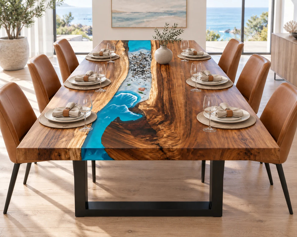 Aurorawoodart Custom Walnut Epoxy Ocean Blue Dining Table DT127