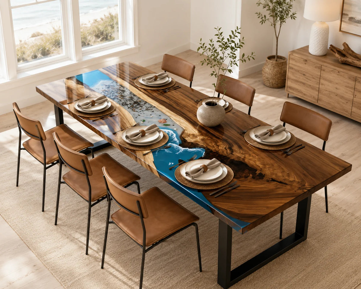 Aurorawoodart Custom Walnut Epoxy Ocean Blue Dining Table DT127