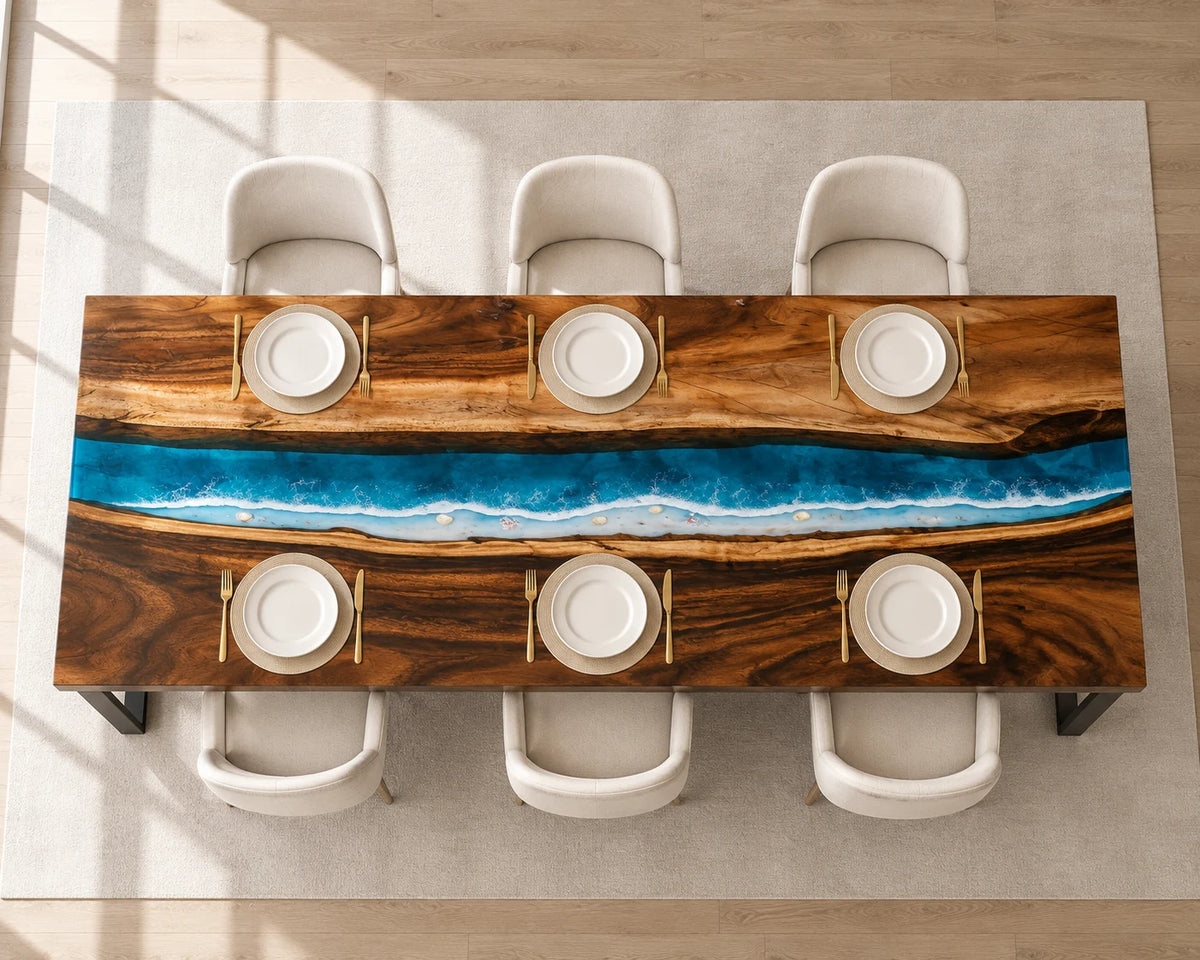 Aurorawoodart Custom Walnut Epoxy Ocean Blue Dining Table DT129