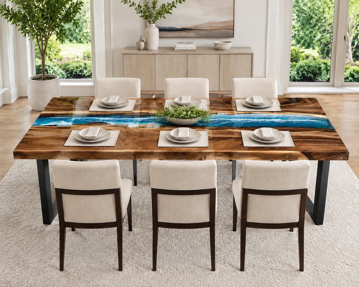 Aurorawoodart Custom Walnut Epoxy Ocean Blue Dining Table DT129
