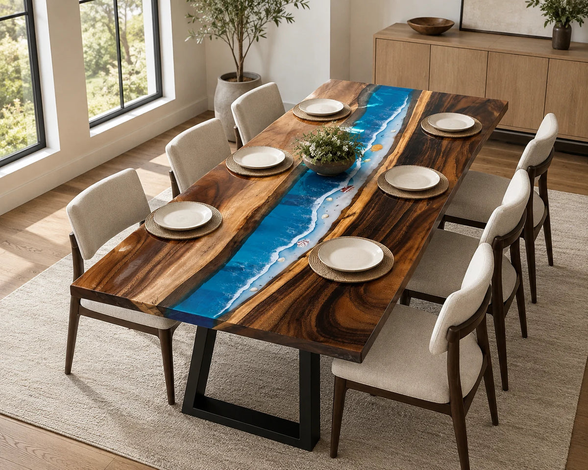 Aurorawoodart Custom Walnut Epoxy Ocean Blue Dining Table DT129
