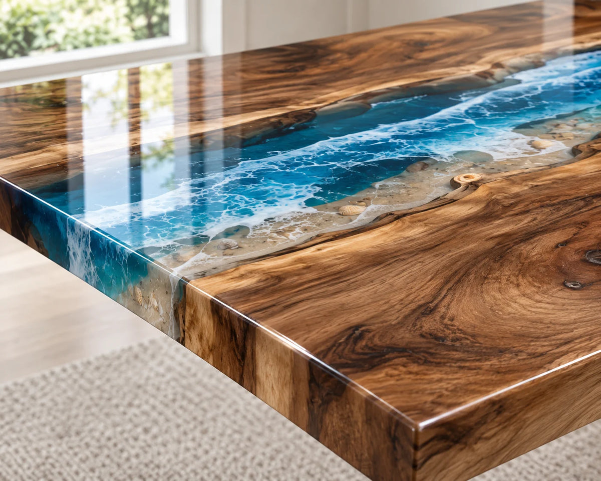 Aurorawoodart Custom Walnut Epoxy Ocean Blue Dining Table DT129
