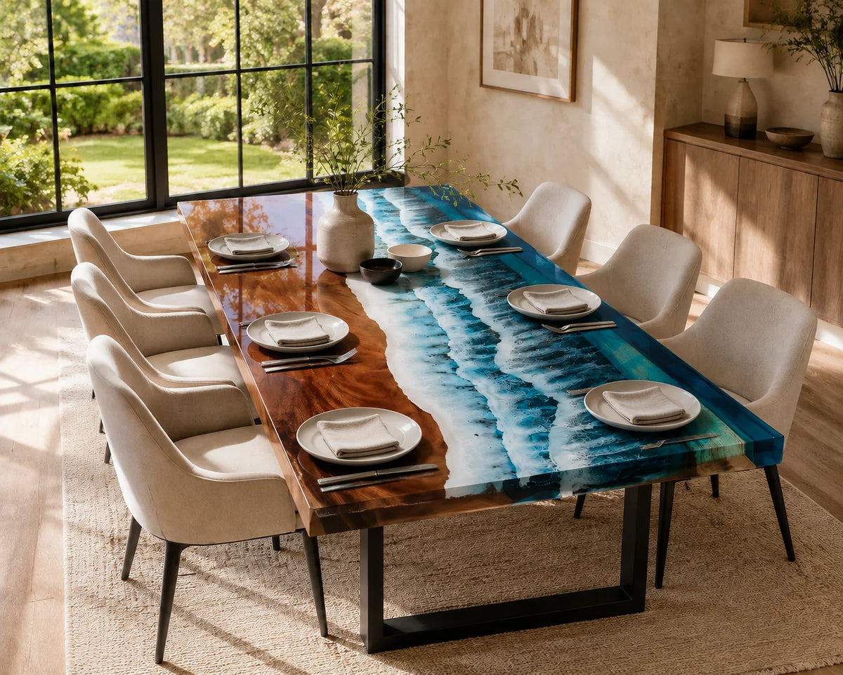 Aurorawoodart Custom Walnut Epoxy Ocean Blue Dining Table DT130