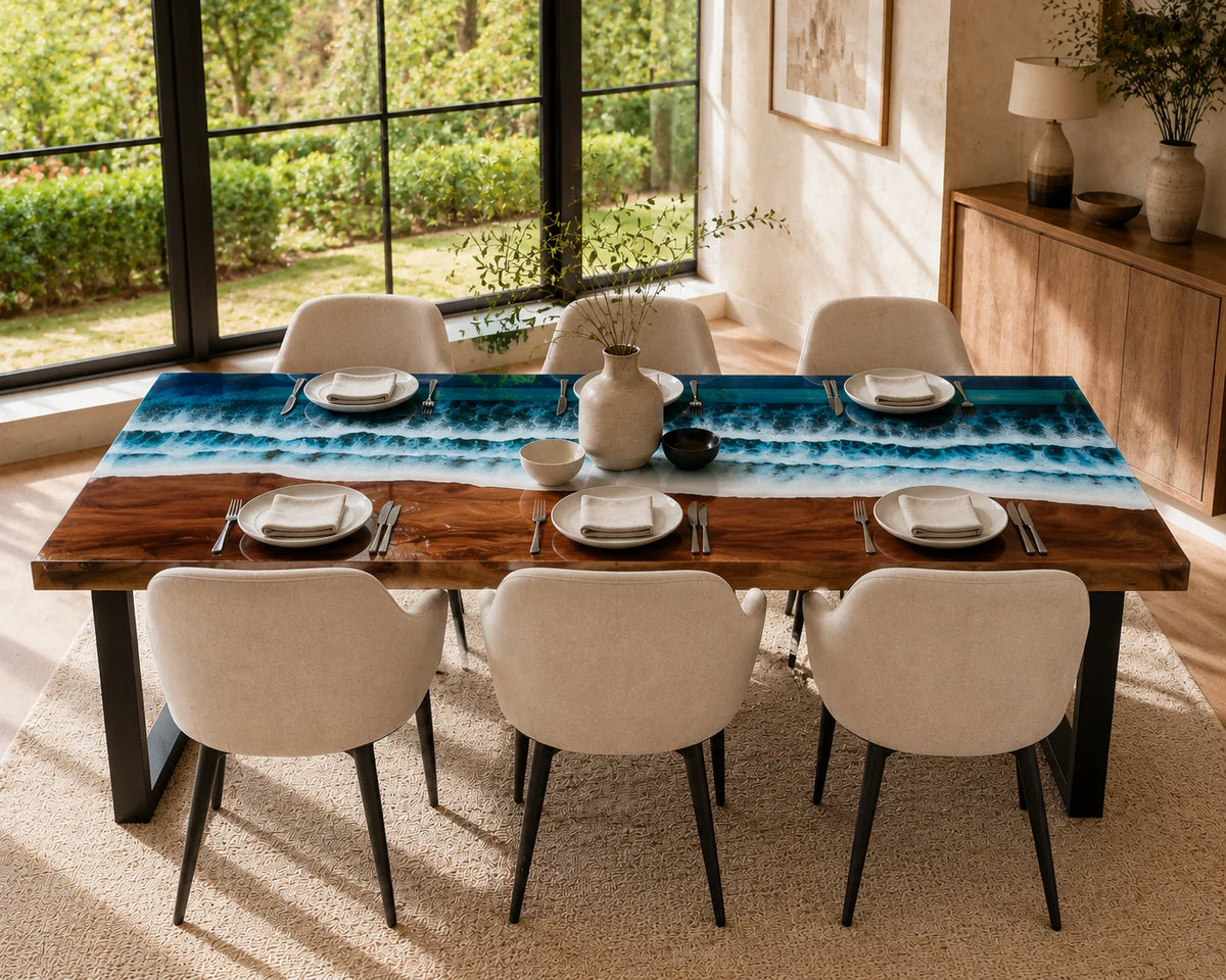 Aurorawoodart Custom Walnut Epoxy Ocean Blue Dining Table DT130