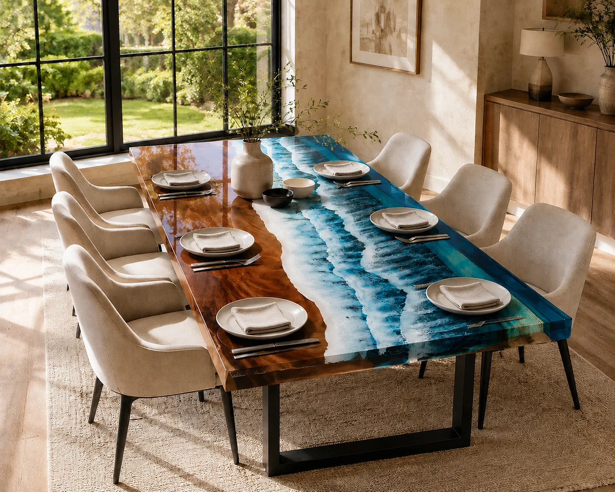 Aurorawoodart Custom Walnut Epoxy Ocean Blue Dining Table DT130