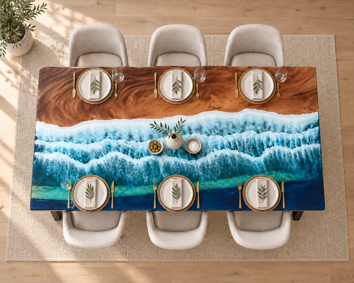 Aurorawoodart Custom Walnut Epoxy Ocean Blue Dining Table DT130