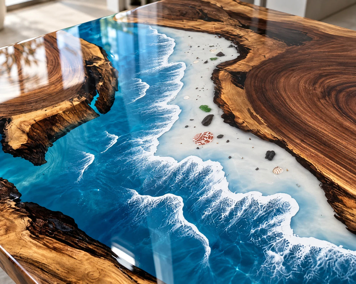 Aurorawoodart Custom Walnut Beach Resin Dining Table DT131