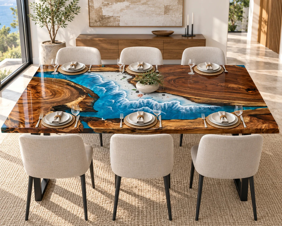 Aurorawoodart Custom Walnut Beach Resin Dining Table DT131