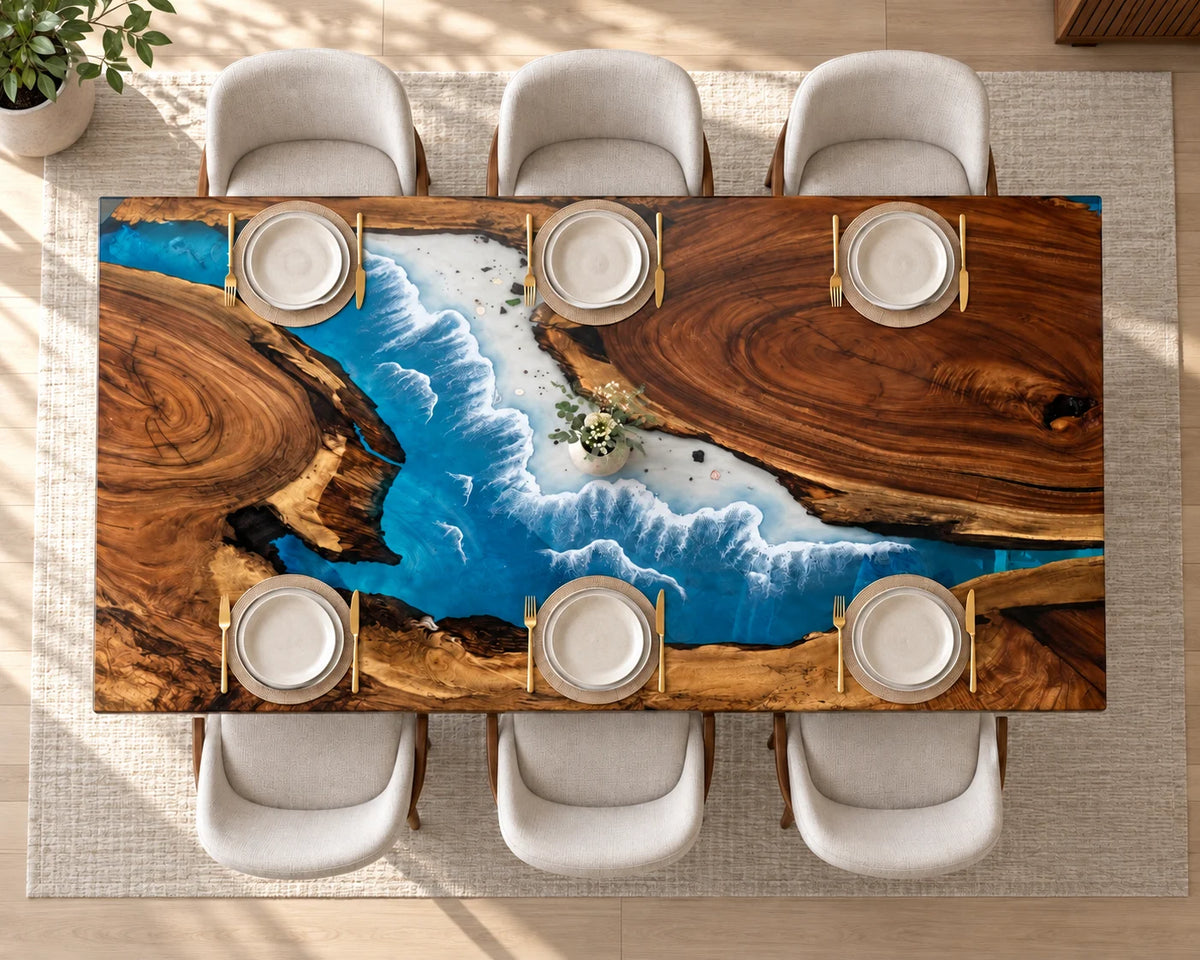 Aurorawoodart Custom Walnut Beach Resin Dining Table DT131