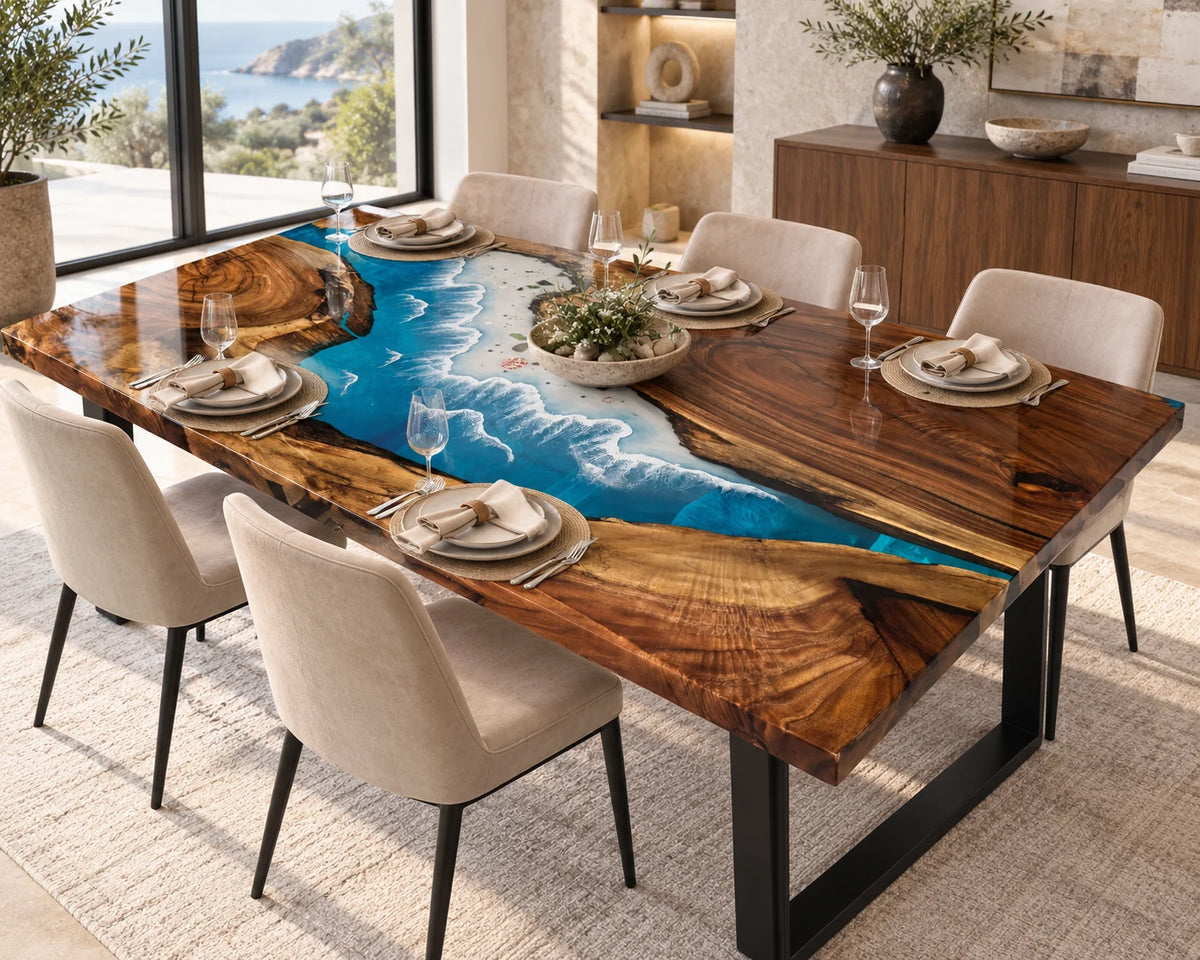 Aurorawoodart Custom Walnut Beach Resin Dining Table DT131
