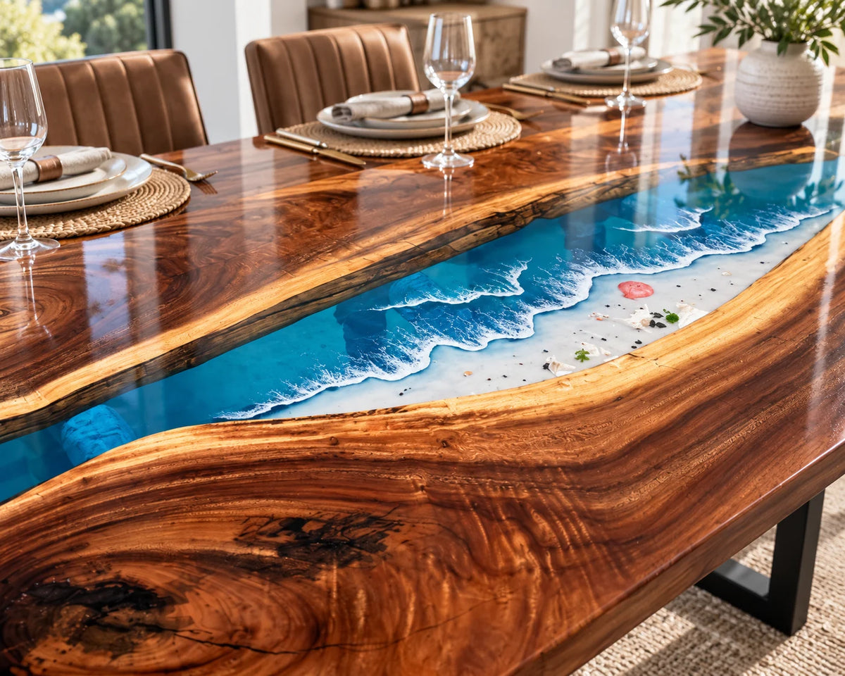 Aurorawoodart Custom Walnut Beach Resin Dining Table DT132