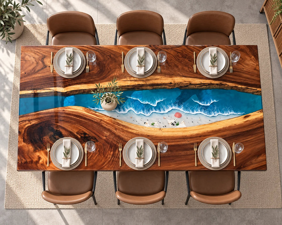 Aurorawoodart Custom Walnut Beach Resin Dining Table DT132