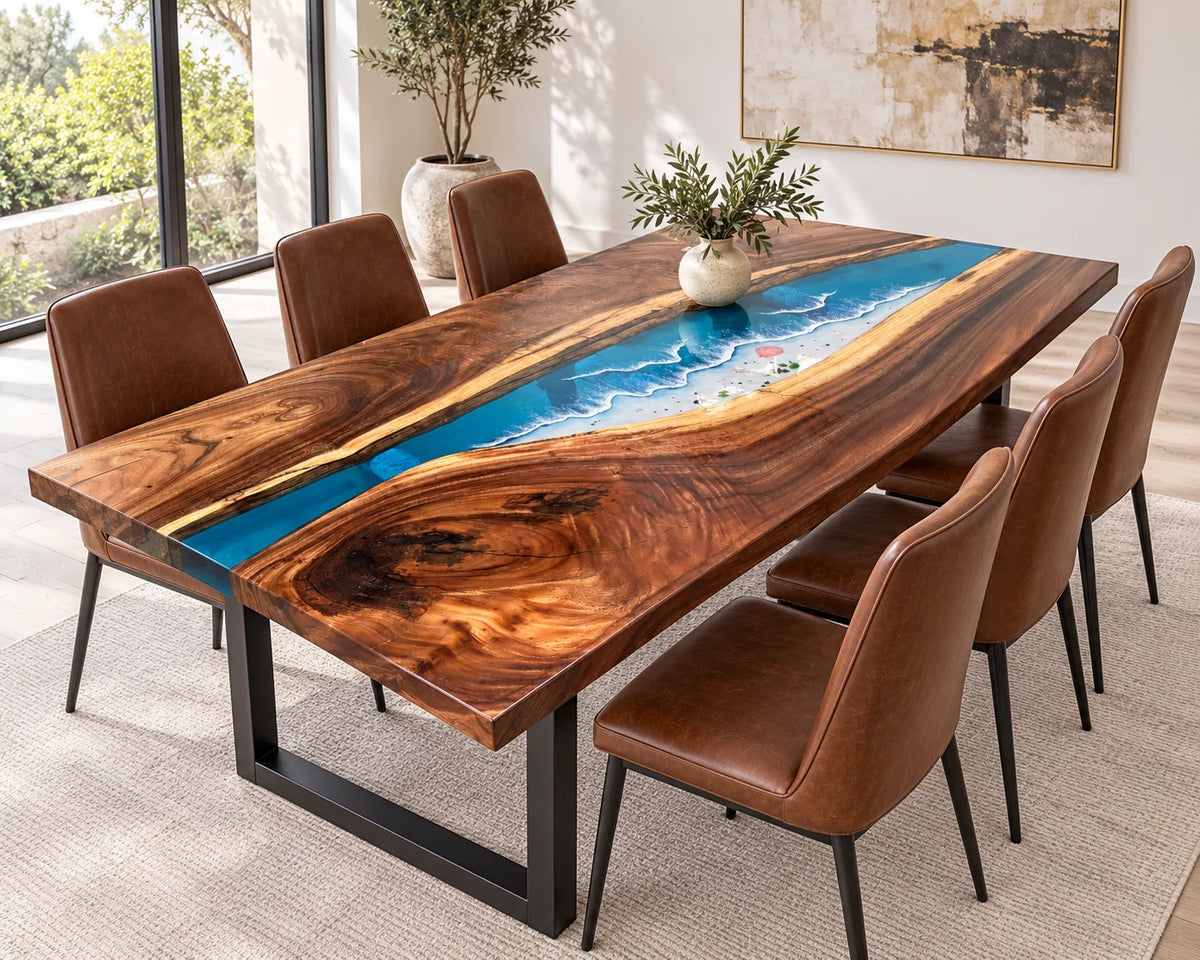 Aurorawoodart Custom Walnut Beach Resin Dining Table DT132