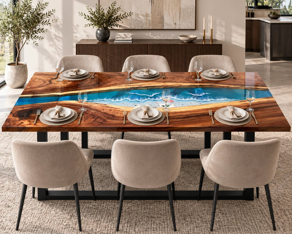 Aurorawoodart Custom Walnut Beach Resin Dining Table DT132