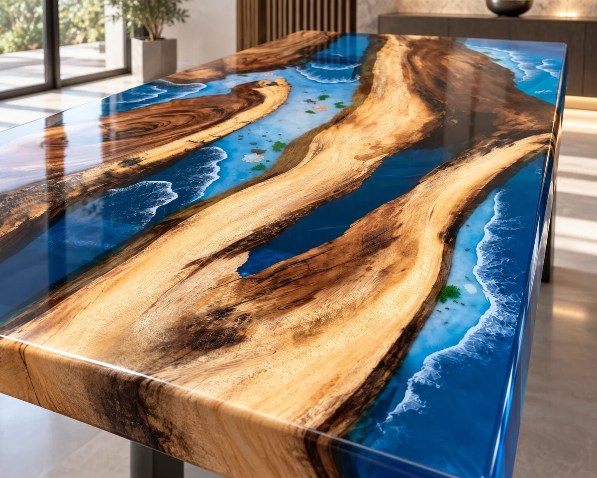 Aurorawoodart Custom Walnut Beach Resin Dining Table DT133