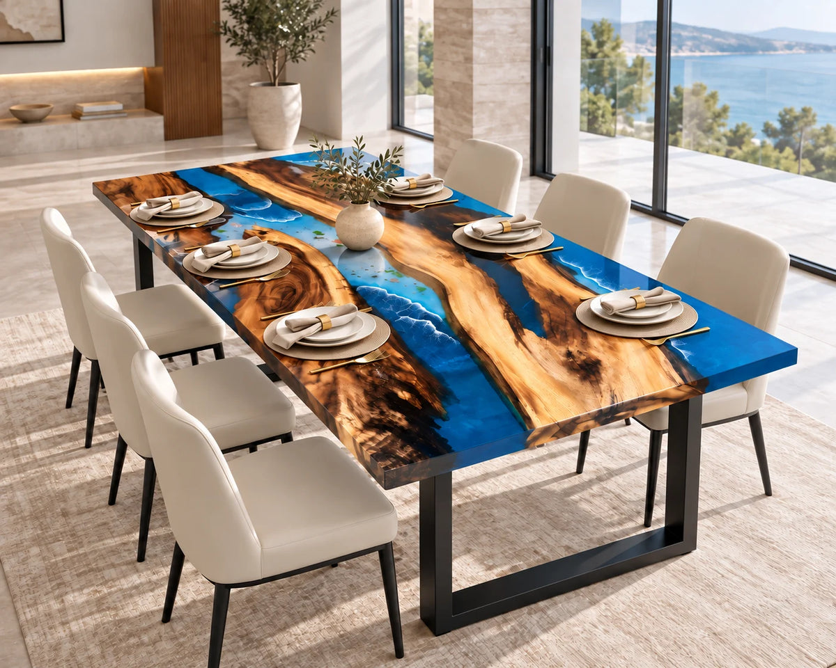 Aurorawoodart Custom Walnut Beach Resin Dining Table DT133
