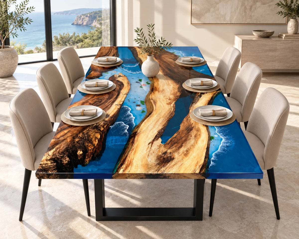 Aurorawoodart Custom Walnut Beach Resin Dining Table DT133