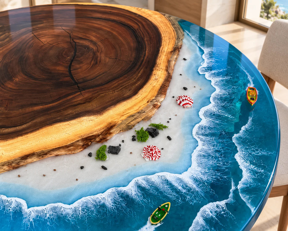 Aurorawoodart Custom Walnut Ocean Blue Epoxy Beach Dining Table DT139
