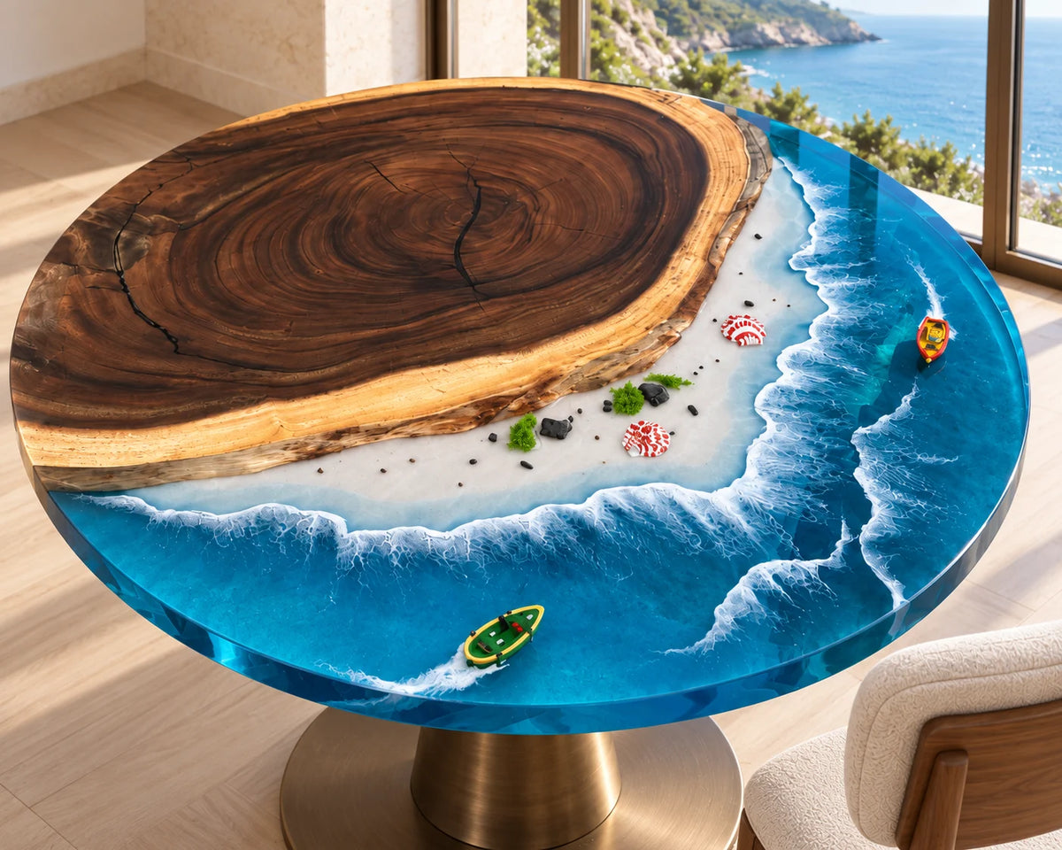 Aurorawoodart Custom Walnut Ocean Blue Epoxy Beach Dining Table DT139