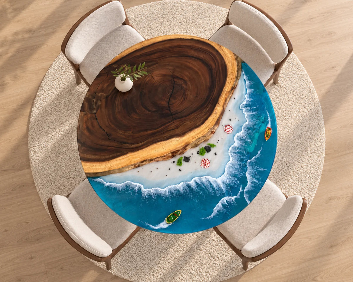Aurorawoodart Custom Walnut Ocean Blue Epoxy Beach Dining Table DT139