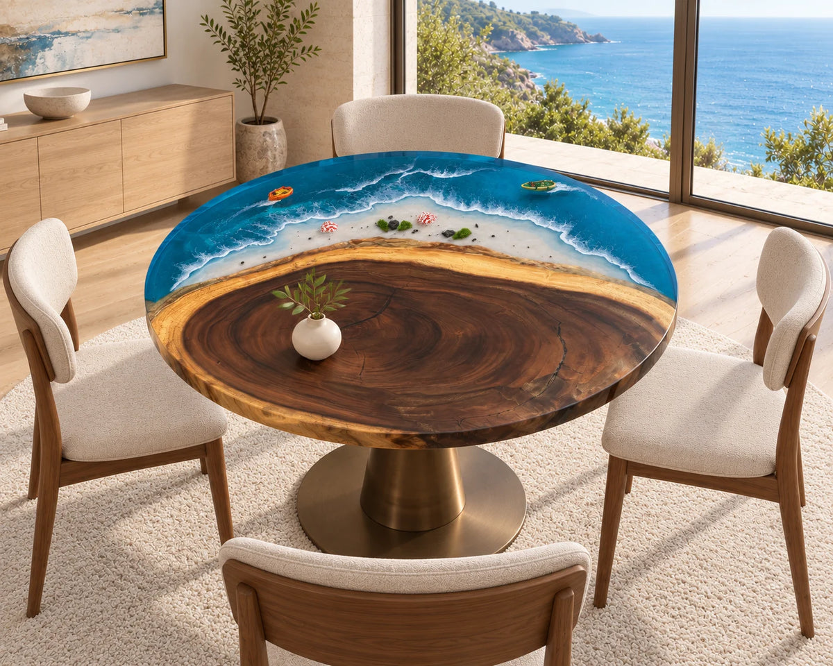 Aurorawoodart Custom Walnut Ocean Blue Epoxy Beach Dining Table DT139