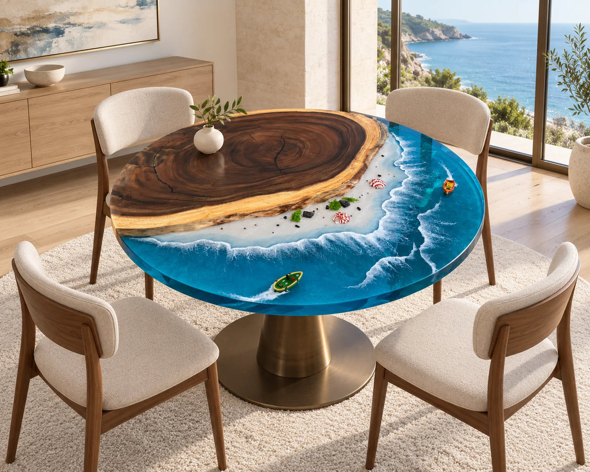Aurorawoodart Custom Walnut Ocean Blue Epoxy Beach Dining Table DT139