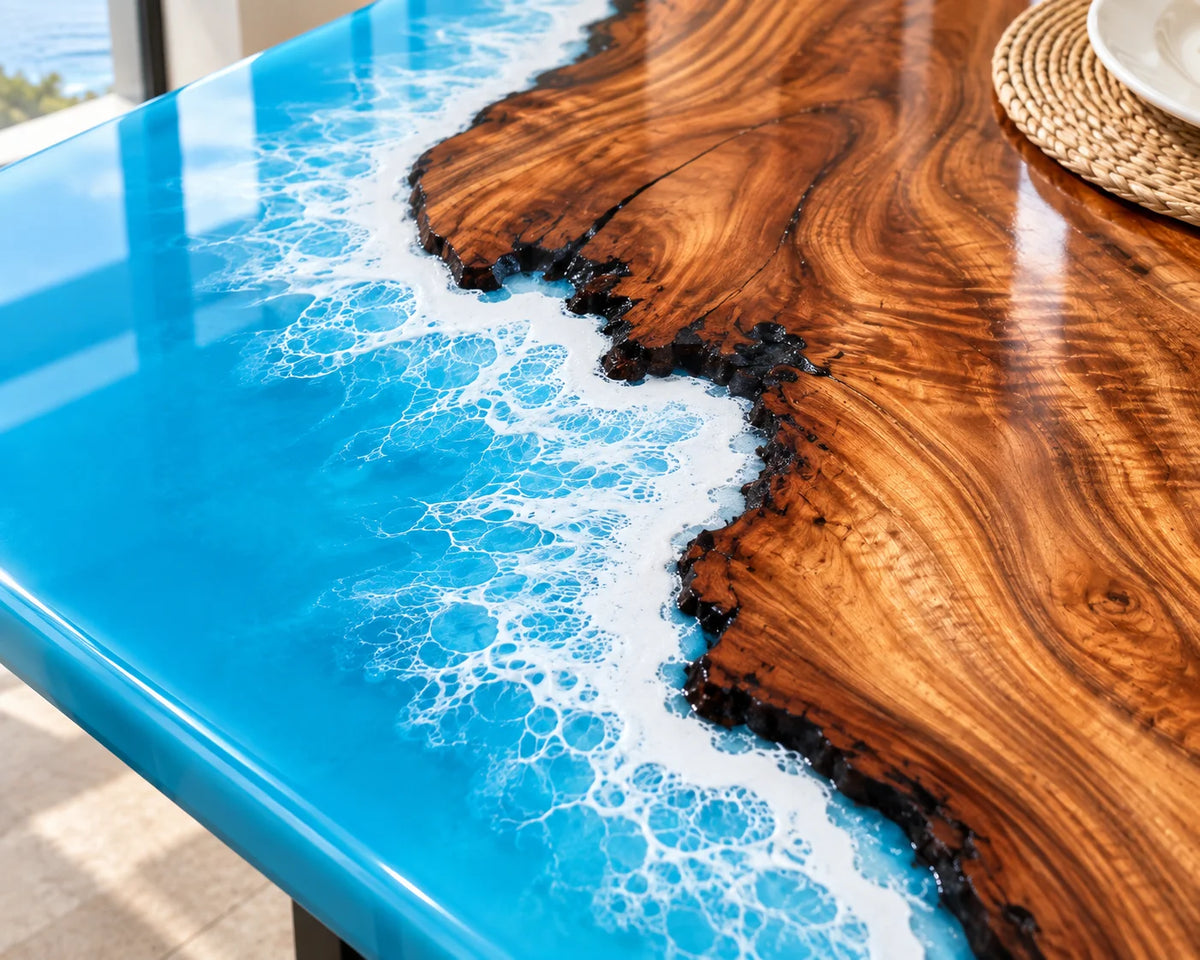 Aurorawoodart Custom Walnut Ocean Blue Epoxy Beach Dining Table DT140