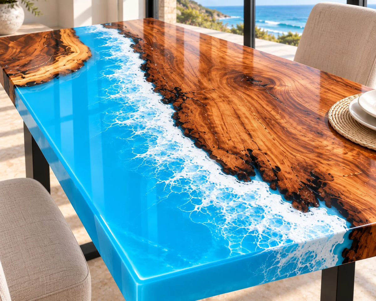 Aurorawoodart Custom Walnut Ocean Blue Epoxy Beach Dining Table DT140
