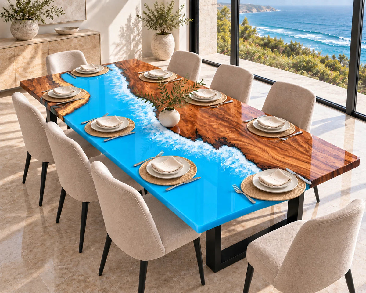 Aurorawoodart Custom Walnut Ocean Blue Epoxy Beach Dining Table DT140