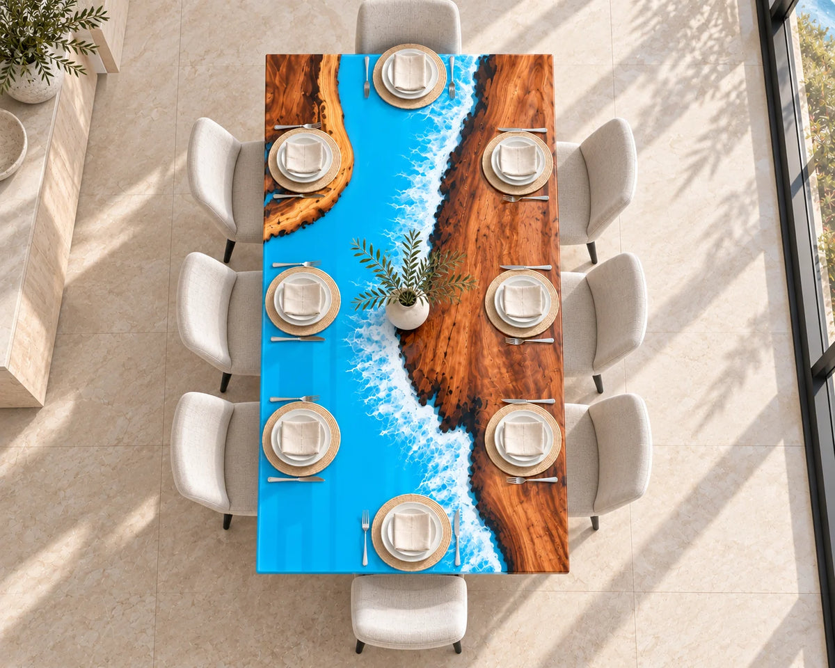 Aurorawoodart Custom Walnut Ocean Blue Epoxy Beach Dining Table DT140