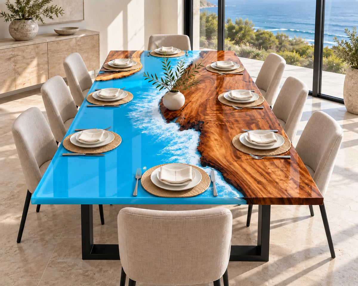 Aurorawoodart Custom Walnut Ocean Blue Epoxy Beach Dining Table DT140