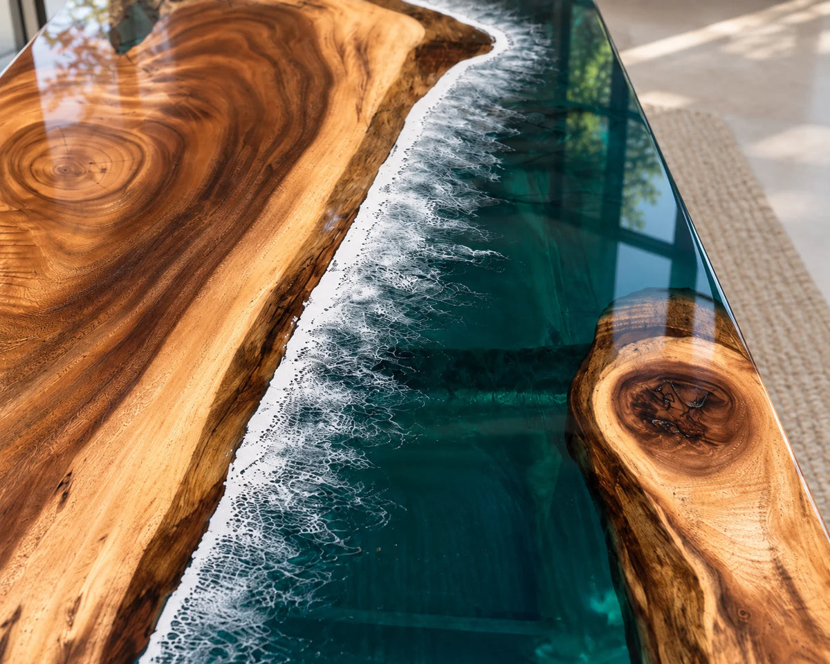 Aurorawoodart Custom Walnut Green Epoxy Beach Dining Table DT148