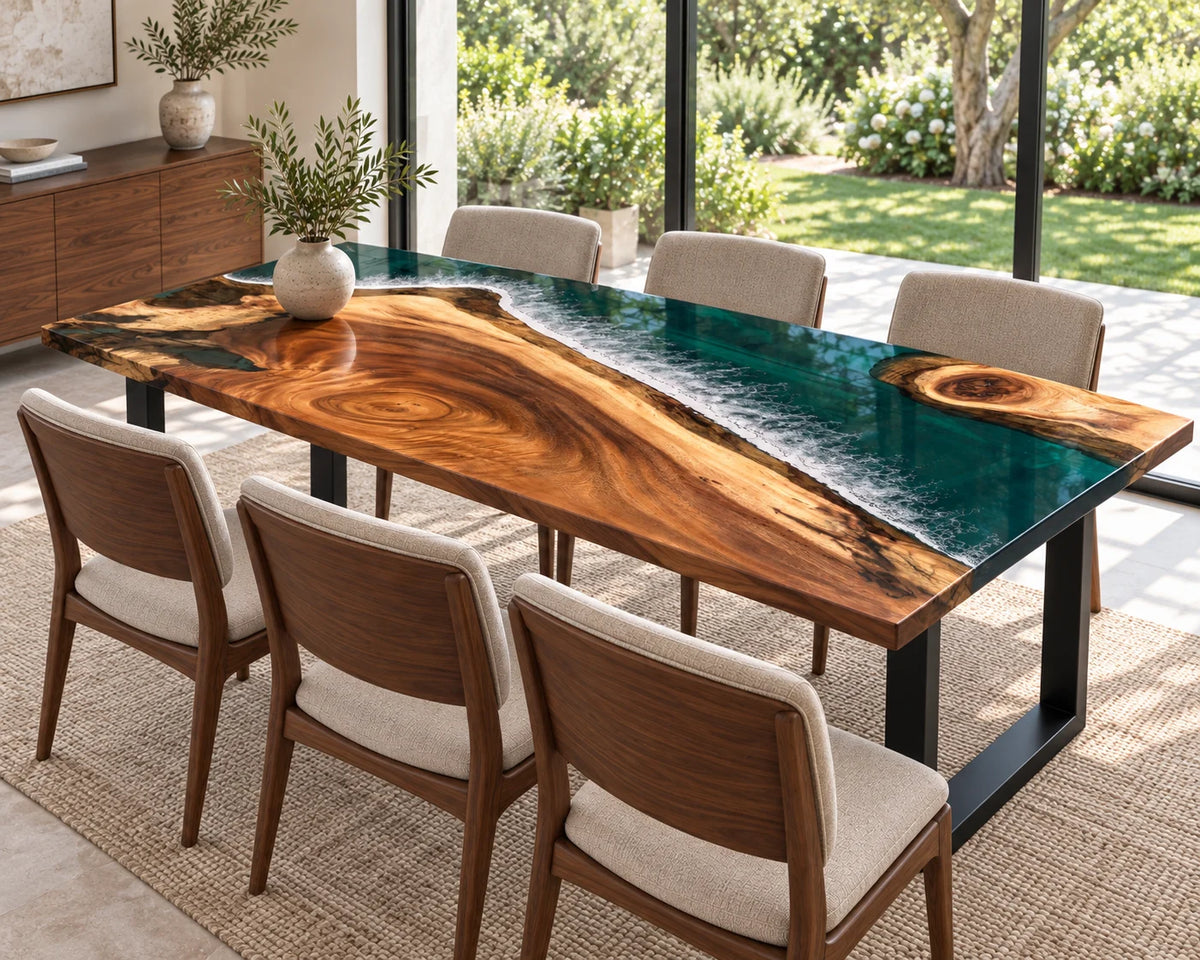 Aurorawoodart Custom Walnut Green Epoxy Beach Dining Table DT148