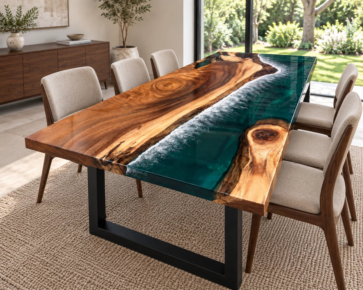 Aurorawoodart Custom Walnut Green Epoxy Beach Dining Table DT148