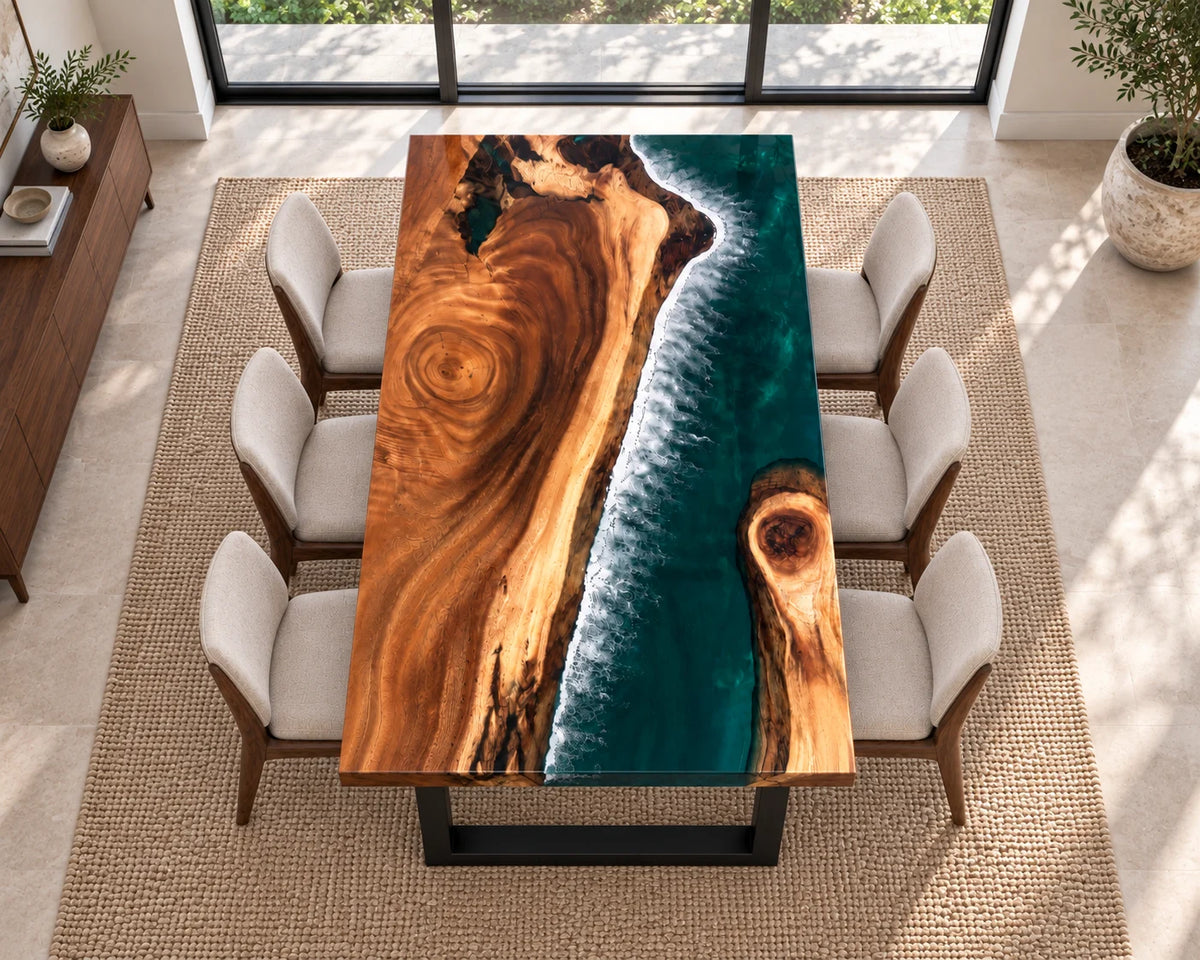 Aurorawoodart Custom Walnut Green Epoxy Beach Dining Table DT148