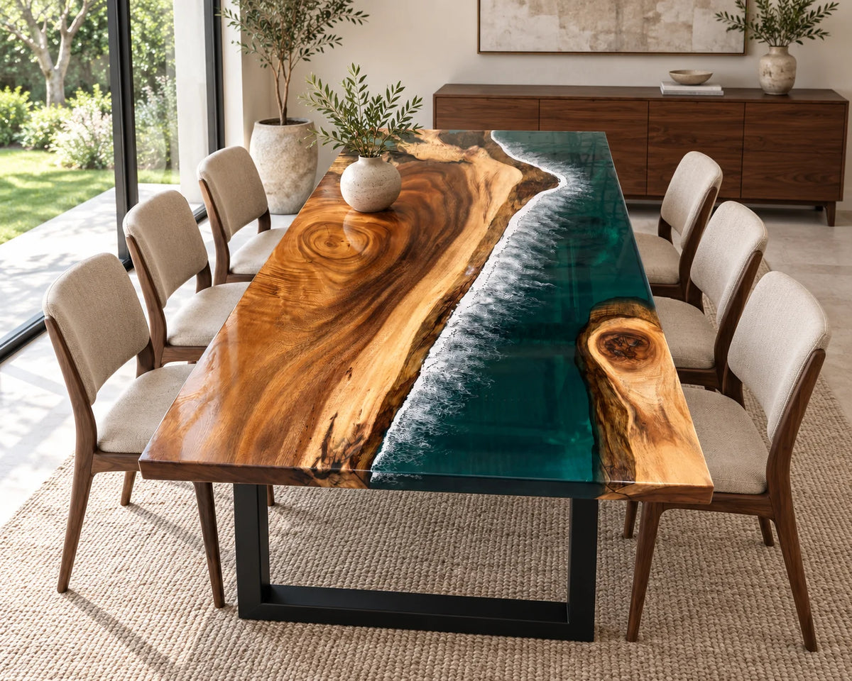 Aurorawoodart Custom Walnut Green Epoxy Beach Dining Table DT148