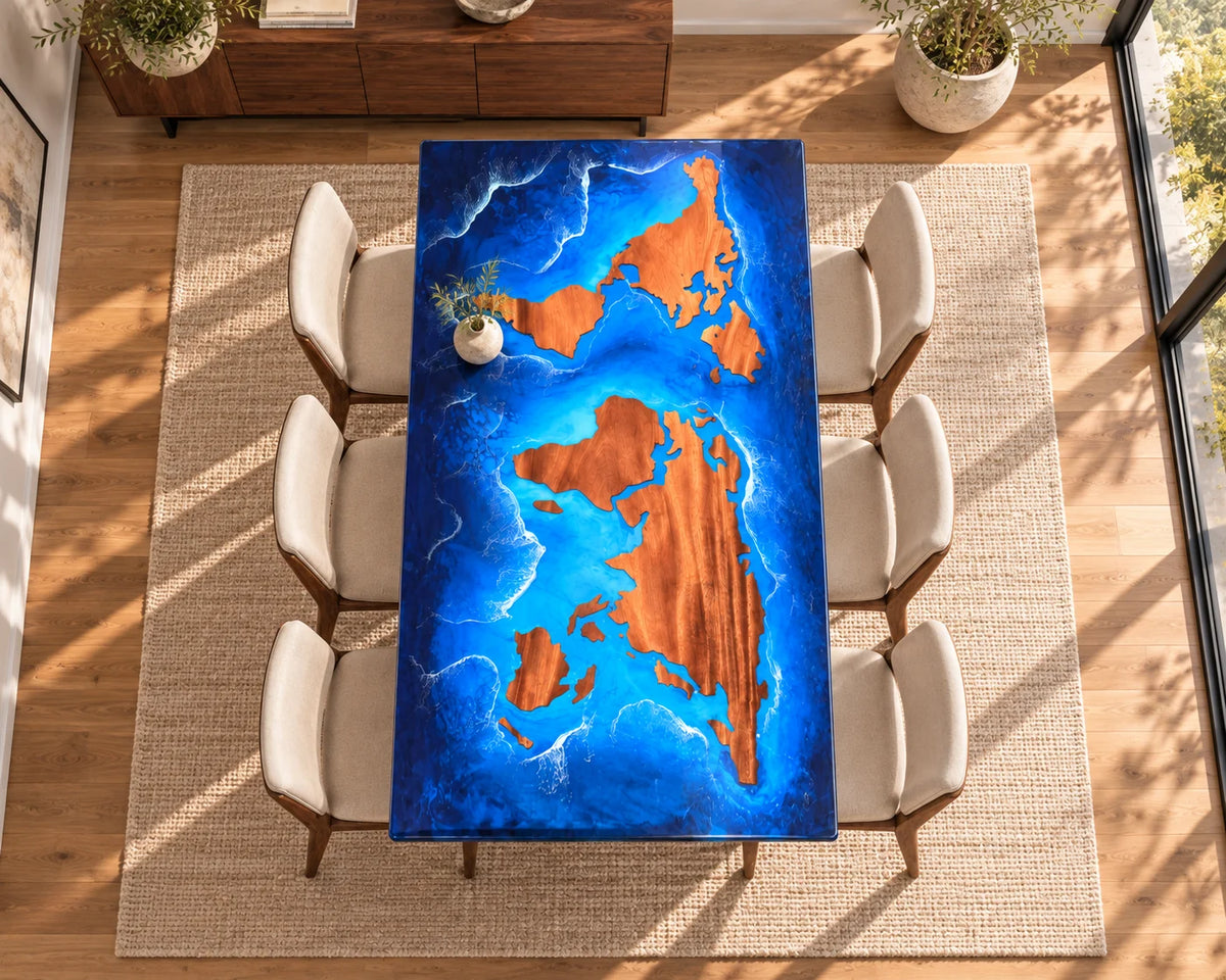 Aurorawoodart Custom Walnut Ocean Blue Epoxy Map Dining Table DT150